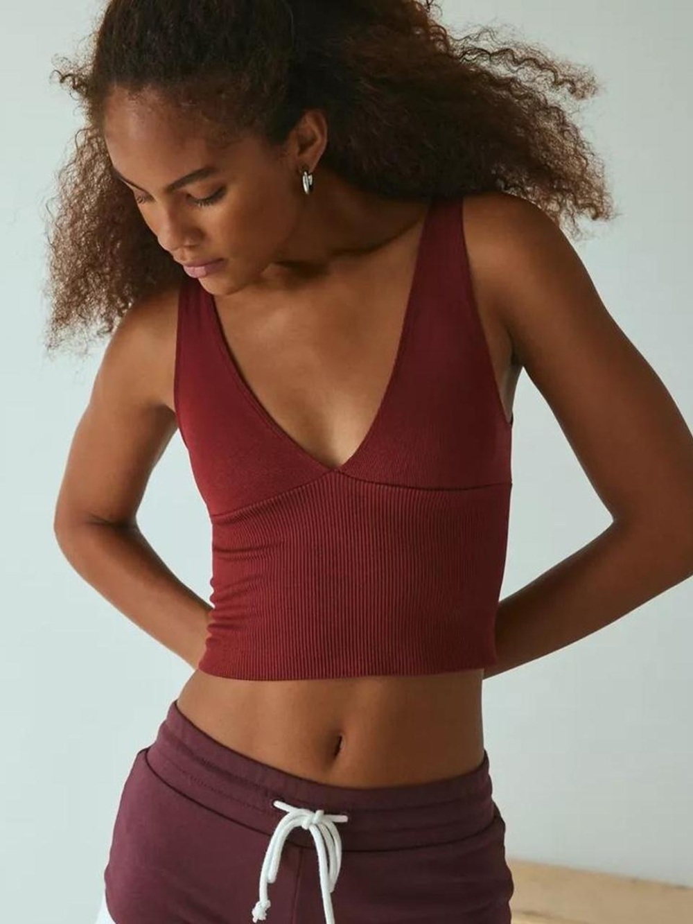 Out From Under Ribbed V-Neck Crop Bra Top - Burgundy/Red